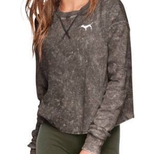 Victorias Secret Pink Cropped Thermal Gray Brown Long Sleeve Waffle XS